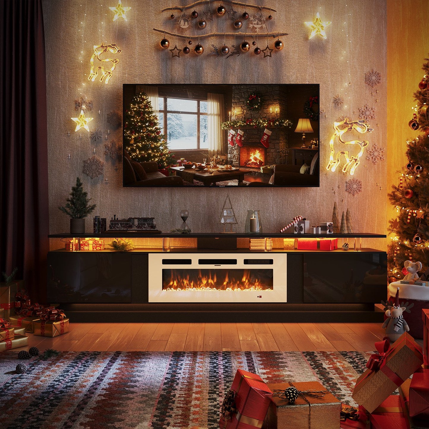 Sonegra Modern Fireplace TV Stand for TVs Up to 90" with Music Sync LED, 80" Entertainment Center with Electric Fireplace, TV Console with Storage Cabinets for Living Room, Black