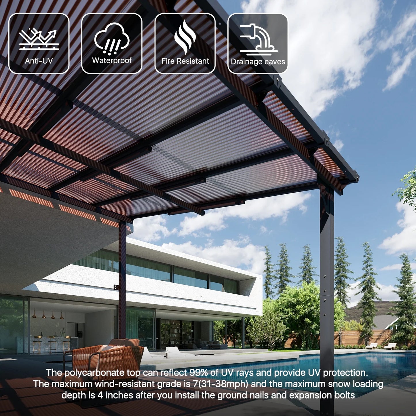 Sumnthink 12'x16' Hardtop Gazebo, Gazebo Pergola with Sloped Roof, Large Wall-Mounted Heavy Duty Awnings, for Patio, Deck and Backyard