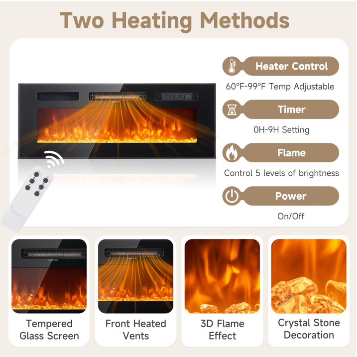 Sunmthink Floating TV Stand with 36" Electric Fireplace, High Gloss Finish Wall Mounted Fireplace Entertainment Center with Storage for TVs Up to 80", Black