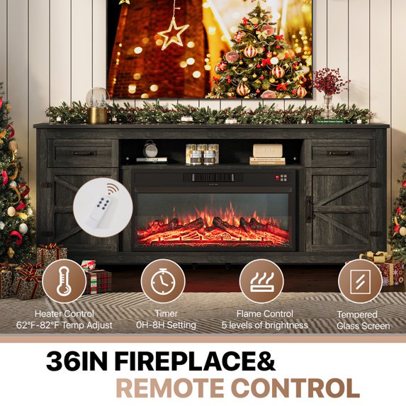 Sonegra 80" Fireplace TV Stand, Entertainment Center for TVs Up to 90”, TV Console with Storage Cabinets, Media Console for Living Room, White TV Stand and Black Fireplace, Gray