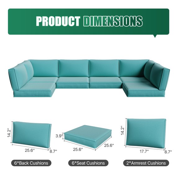Clouddwell 14-Piece Premium Outdoor Cushion Set, High-Resilience Waterproof Cushions for 6-Seat Wicker Sectional, Comfort Upgrade (Sky Blue)