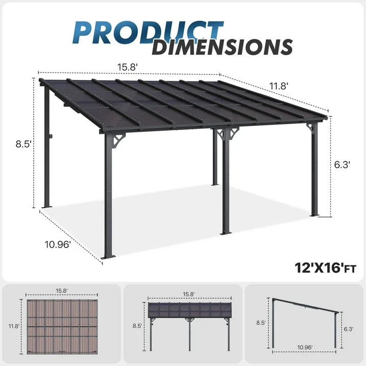 Sumnthink 12'x16' Gazebo for Patio, Gazebo Pergola with Sloped Roof, Large Wall-Mounted Heavy Duty Awnings, for Patio, Deck and Backyard