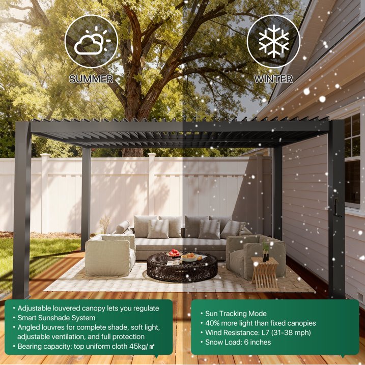 Clouddwell Louvered Pergola with Adjustable Top, 13'x10' Outdoor Metal Pergola, Gray, for Patio, Garden and Backyard