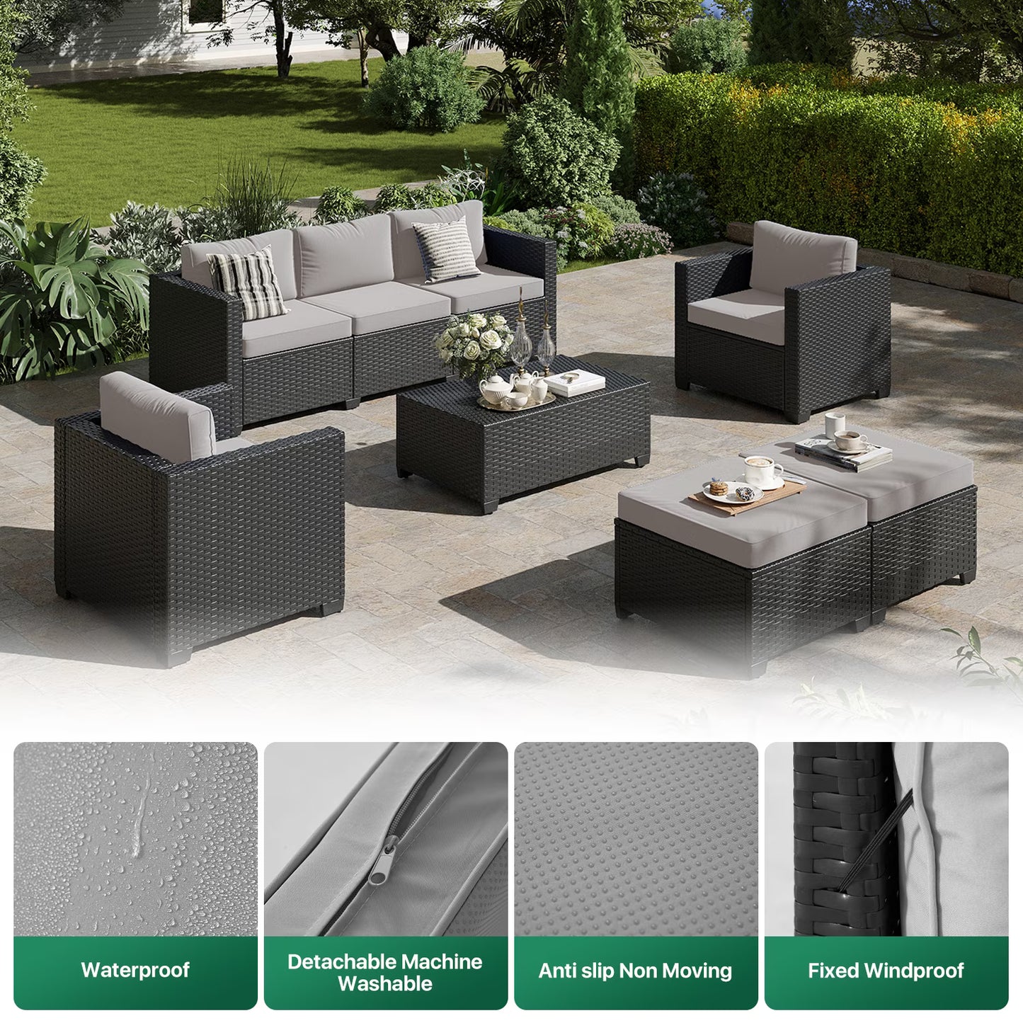 ClouddWell 6 Seat Outdoor Patio Furniture Set, Patio Conversation Sets with Thick Waterproof Cushions & Storage Coffee Table(Grey)