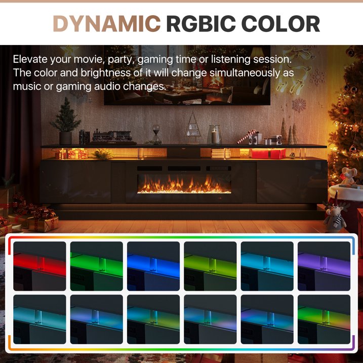 Sonegra Modern Fireplace TV Stand for TVs Up to 90" with Music Sync LED, 80" Entertainment Center with Electric Fireplace, TV Console with Storage Cabinets for Living Room, Black