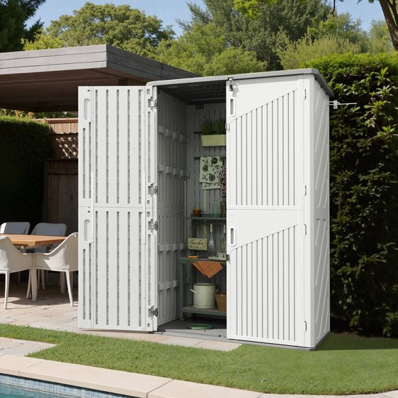 Cloudwell Outdoor Storage Shed, 64 Cu.Ft Vertical Waterproof Resin Storage Cabinet for Garage Storage, Pool Storage, Bike Shed, Garden Tools, Patio Furniture, White