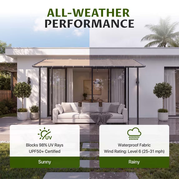 Dateyes 10'x 8' Wall-Mounted Metal Gazebo , Water-Resistant Khaki Canopy with UV Protection for Patio & Garden