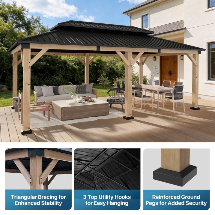 Sunmthink 12'x20' Outdoor Hardtop Gazebo, Cedar Wood Pavilion with Galvanized Steel Double Roof, for Patio, Garden, Deck