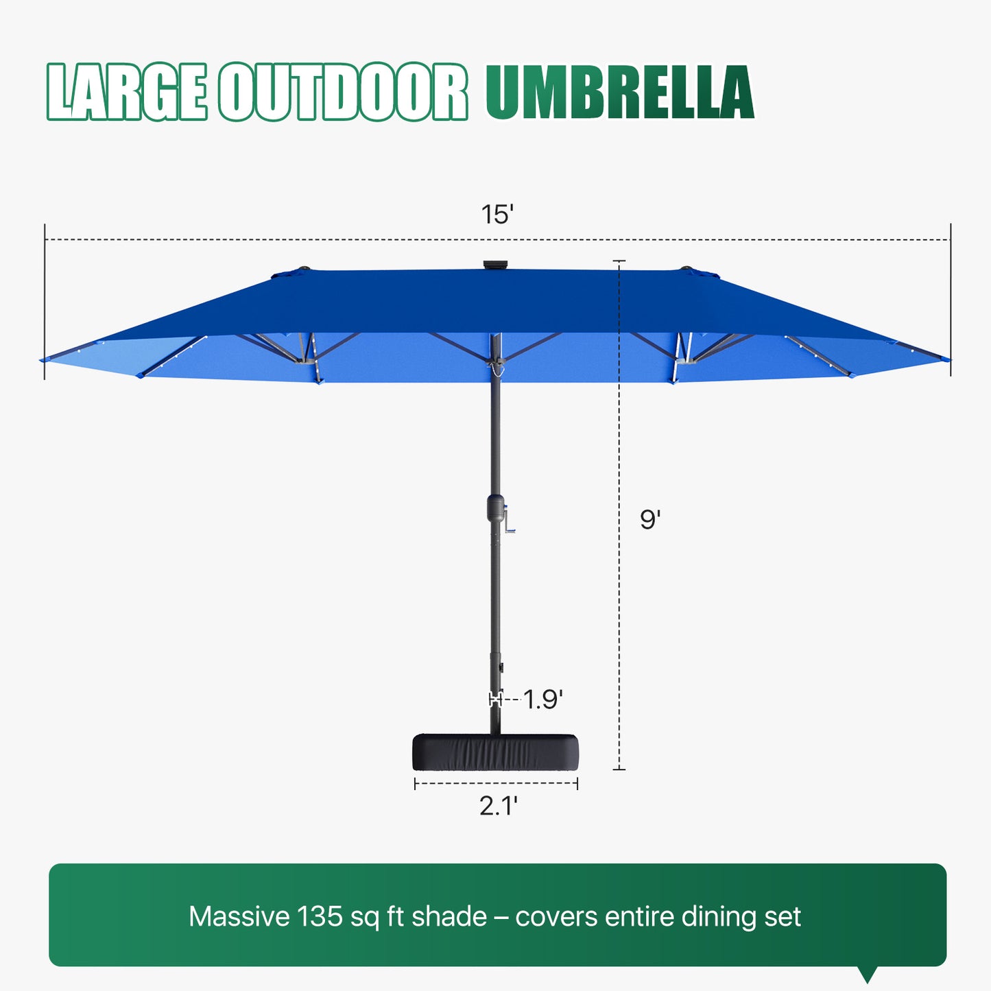 Clouddwell 15ft Patio Umbrella with Base Included, Outdoor Double-Sided Rectangular Umbrella with Light for Pool, Deck, Lawn, Backyard & Beach, Blue