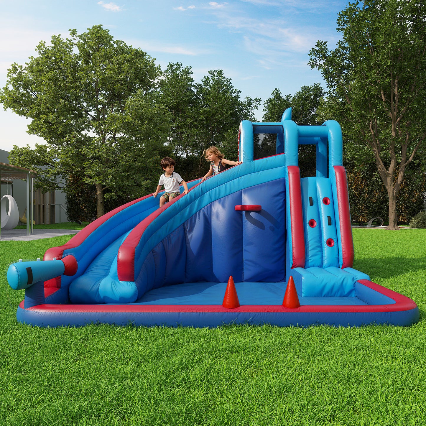 Clouddwell Inflatable Water Slide for Kids with 450W Blower, 5 in 1 Water Park Bounce House for Outdoor Summer Fun, Shark Theme, 10x12FT