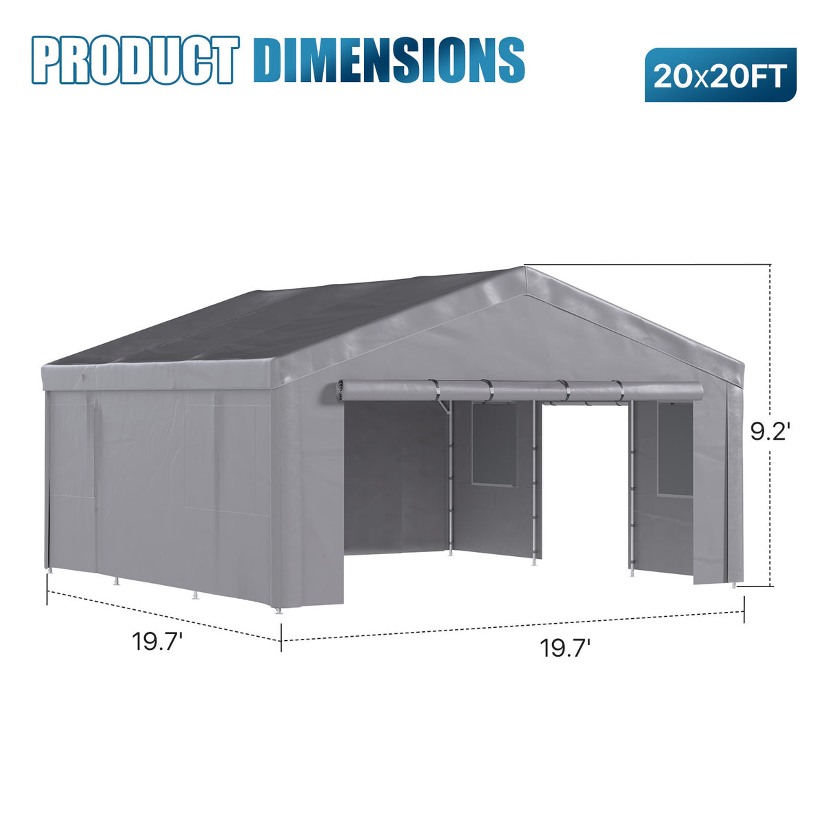 Dateyes 20x20ft Heavy Duty Carport Canopy, Portable Outdoor Garage with Removable Sidewalls & Roll-Up Doors, All-Weather Car Shelter for Cars, Boats, Trucks and Tools Storage, Gray