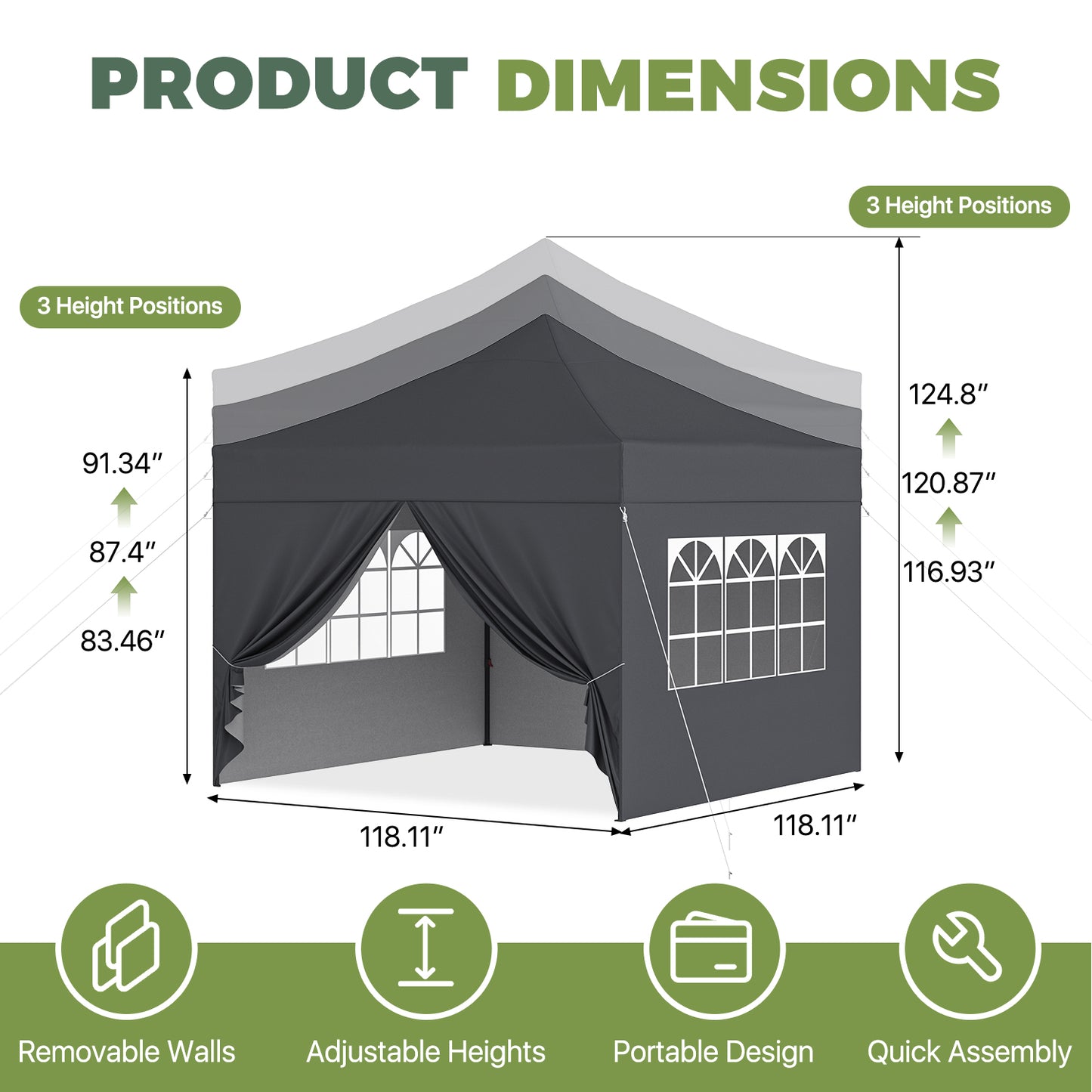 Clouddwell 10'x10' Pop Up Canopy Tent with 4 Removable Sidewalls, Adjustable Height Instant Outdoor Canopy, Portable Sun Shade Shelter with 4 Sandbags, Easy Setup for Parties, Camping, Events, Gray