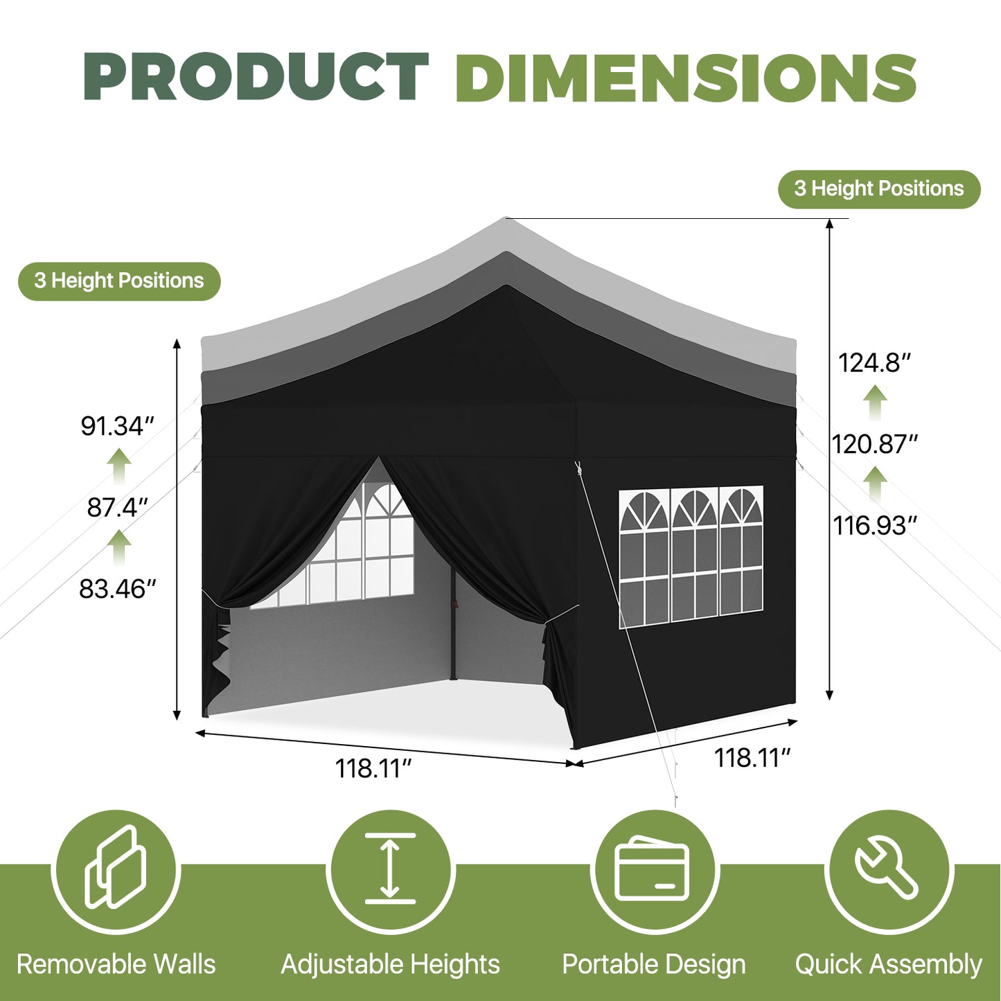 Clouddwell 10'x10' Pop Up Canopy Tent with 4 Removable Sidewalls, Adjustable Height Instant Outdoor Canopy, Portable Sun Shade Shelter with 4 Sandbags, Easy Setup for Parties, Camping, Events, Black