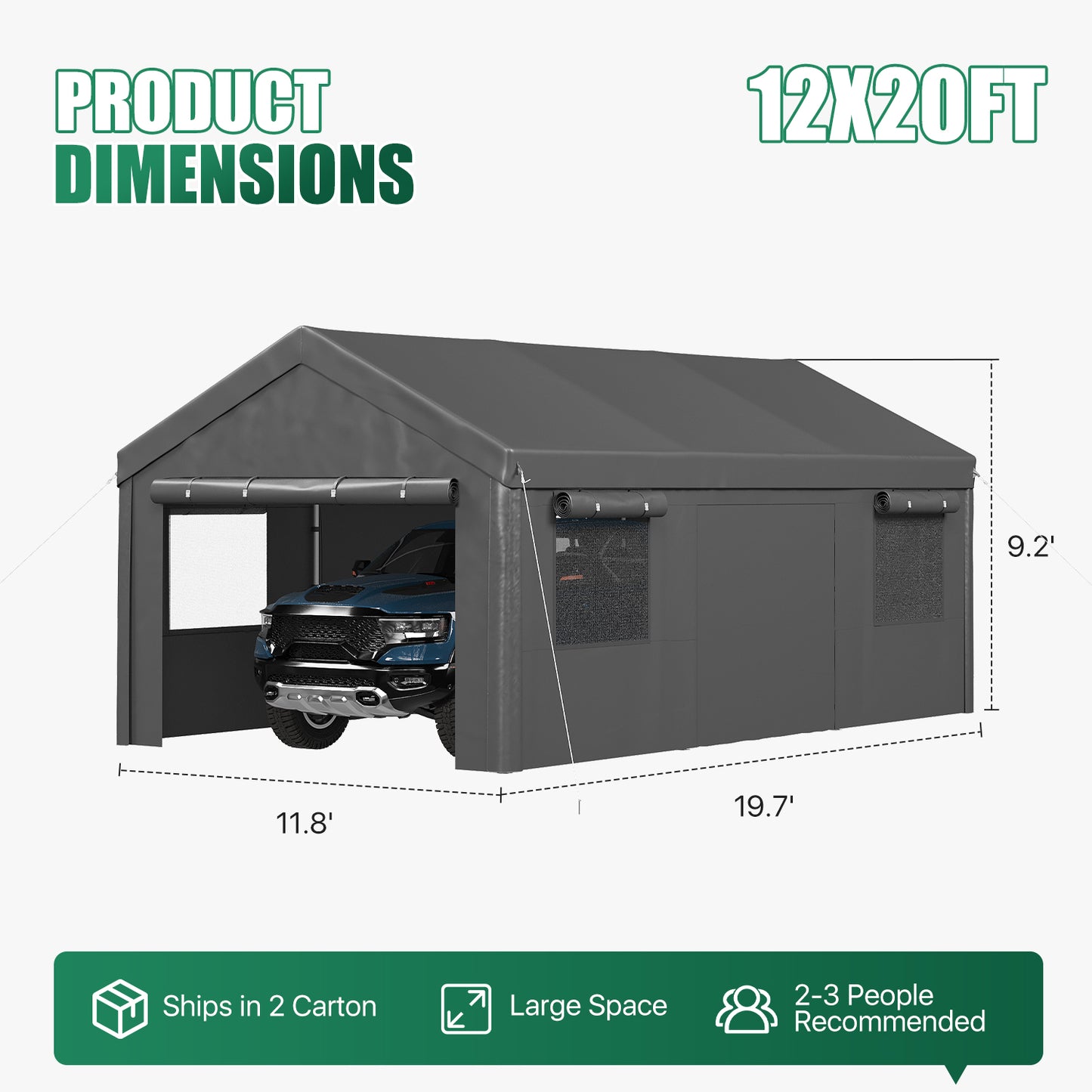 Clouddwell 12x20 Heavy Duty Carport Canopy Portable Garage, Portable Carport with Roll-up Windows&Removable Sidewalls, Car Canopy for Car, Truck, SUV, Boat, Gray