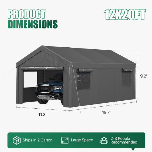 Clouddwell 12x20 Heavy Duty Carport Canopy Portable Garage, Portable Carport with Roll-up Windows&Removable Sidewalls, Car Canopy for Car, Truck, SUV, Boat, Gray
