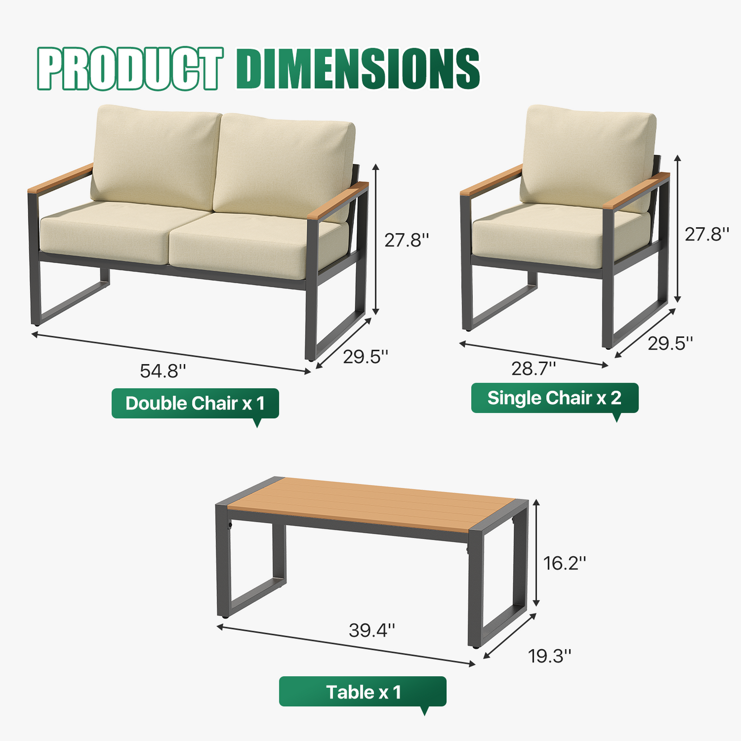Sunmthink 4-Piece Outdoor Patio Furniture Set, Modern Metal Conversation Set for Porch, Deck, Balcony (Beige)