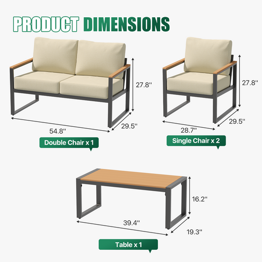 Sunmthink 4-Piece Outdoor Patio Furniture Set, Modern Metal Conversation Set for Porch, Deck, Balcony (Beige)
