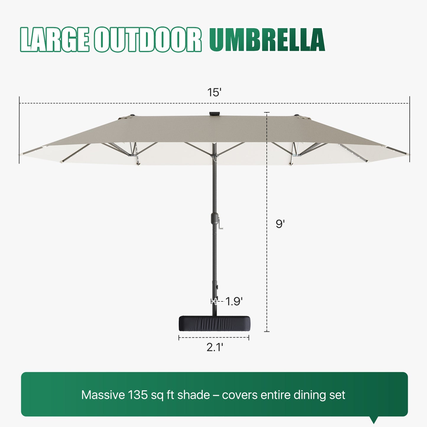 Clouddwell 15ft Patio Umbrella with Base Included, Outdoor Double-Sided Rectangular Umbrella with Light, Beige