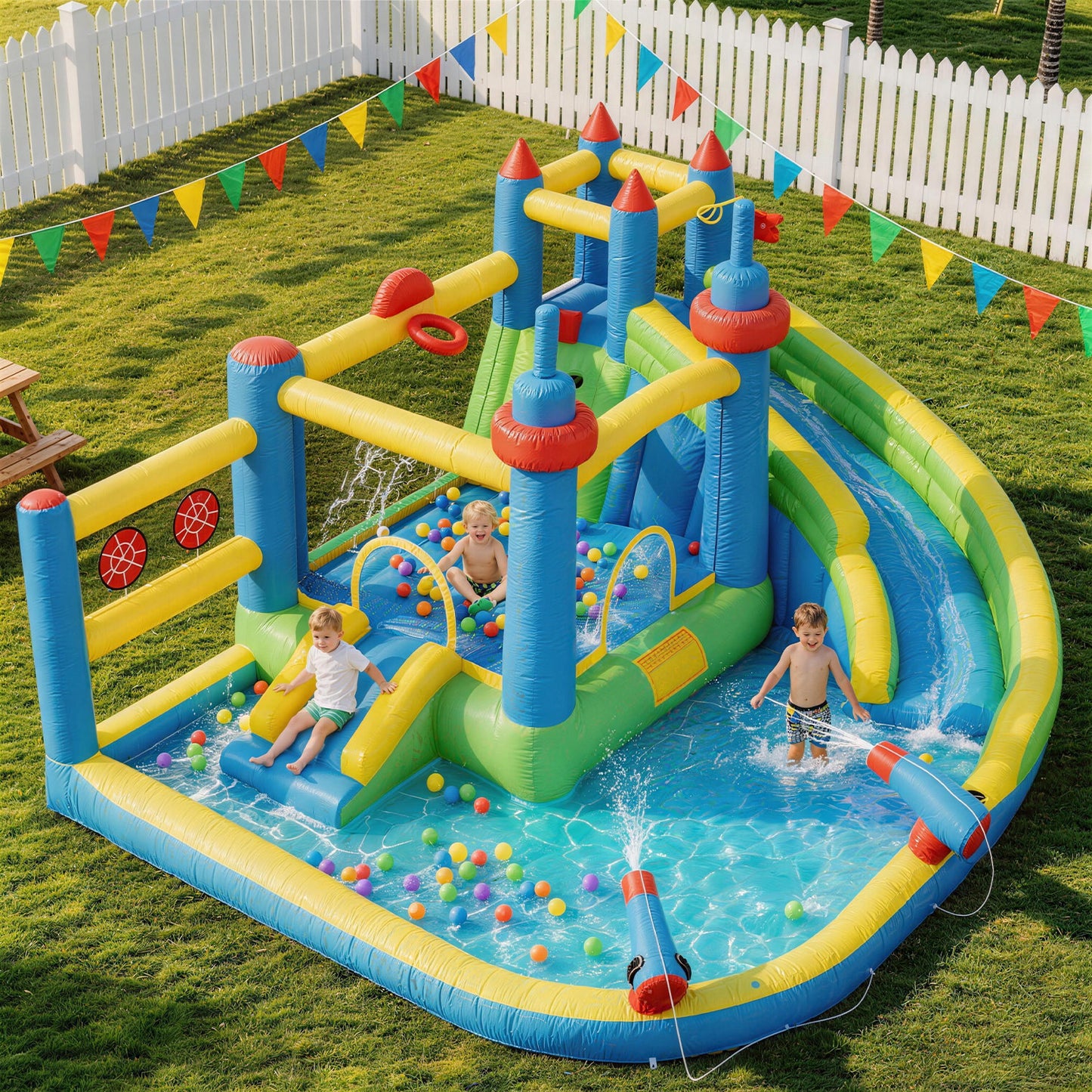 Clouddwell Inflatable Water Slide for Kids with 450W Blower, 5 in 1 Water Park Bounce House for Outdoor Summer Fun, Castle Style, 12x14FT