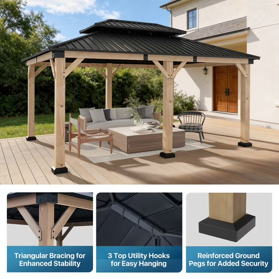 Sunmthink 12'x16' Outdoor Hardtop Gazebo, Cedar Wood Pavilion with Galvanized Steel Double Roof, for Patio, Garden, Deck