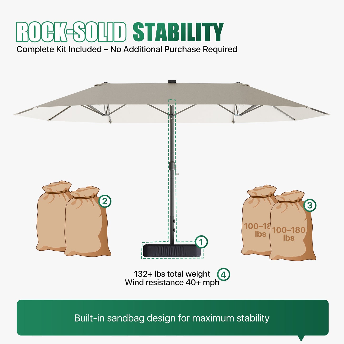 Clouddwell 15ft Patio Umbrella with Base Included, Outdoor Double-Sided Rectangular Umbrella with Light, Beige