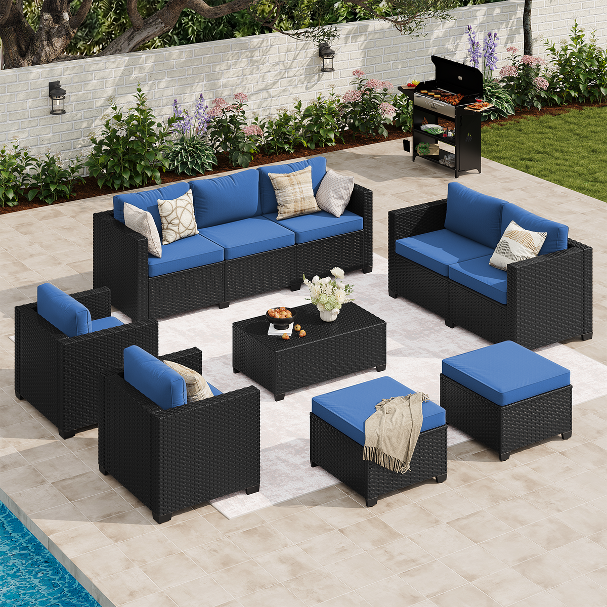 LazySunsets 7 Piece Outdoor Furniture Set, Rattan Wicker Outdoor Conversation Set Patio Furniture, Navy Blue/Black