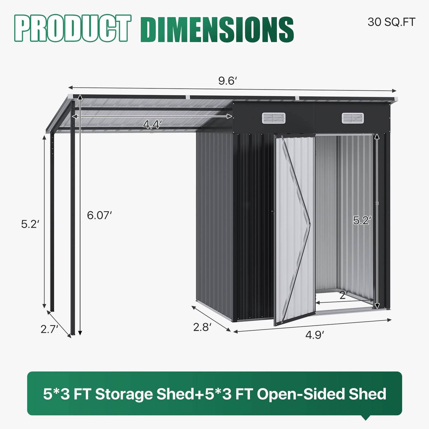 Clouddwell Metal Storage Shed with Hardtop Pergola 10x3 ft 2-in-1, 5x3 ft Outdoor Tool Shed with 5x3 ft Attached Pergola for Backyard