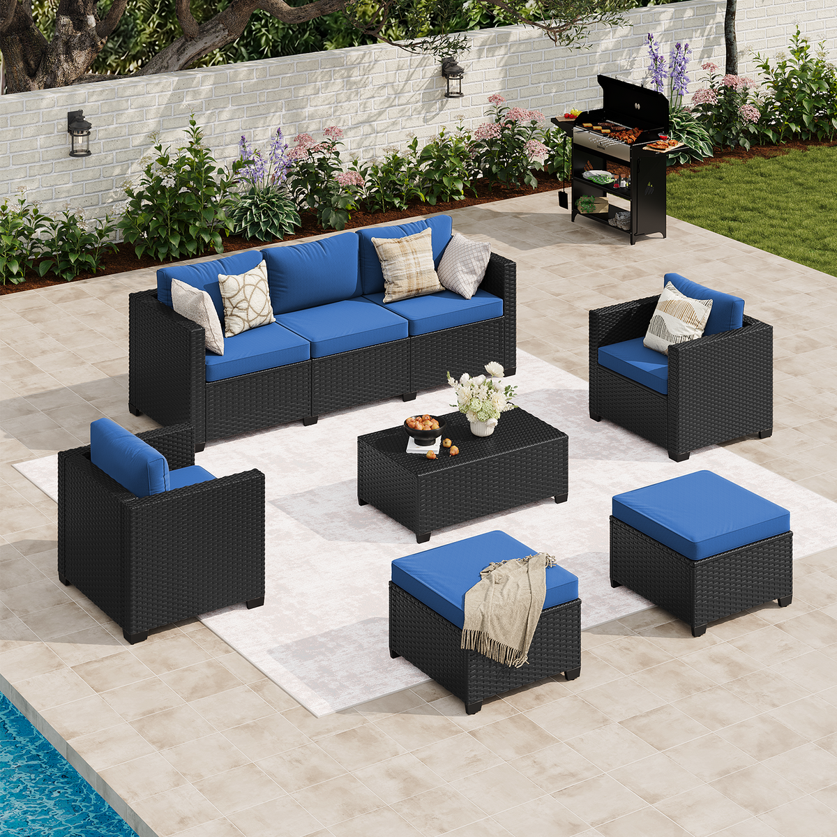 LazySunsets 6 Piece Outdoor Furniture Set, Rattan Wicker Outdoor Conversation Set Patio Furniture, Navy Blue/Black