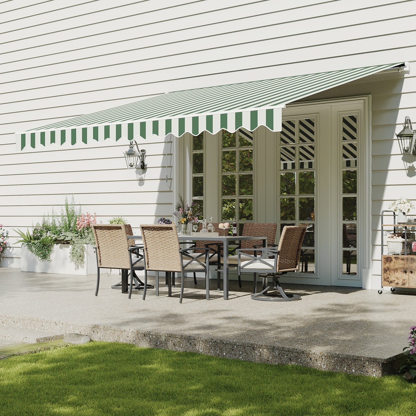 Aoxun Manual Retractable Awning 12x10 FT, Outdoor Patio Sun Shade Canopy with Crank Handle, Waterproof PA Coated Polyester Fabric for Backyard, Deck & Window, Green