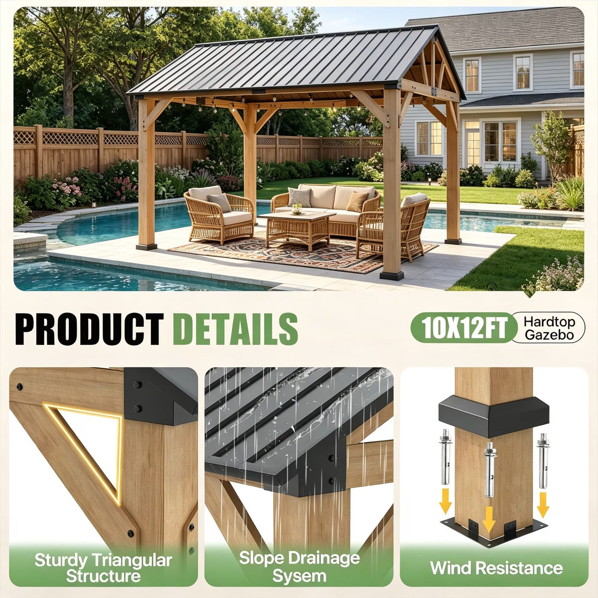Sunmthink 10' x 12' Outdoor Wood Gazebo, Hardtop Gazebo Permanent Wooden Pavilion with Galvanized Steel Gable Roof, for Patio, Garden, Deck, Cedar Wood