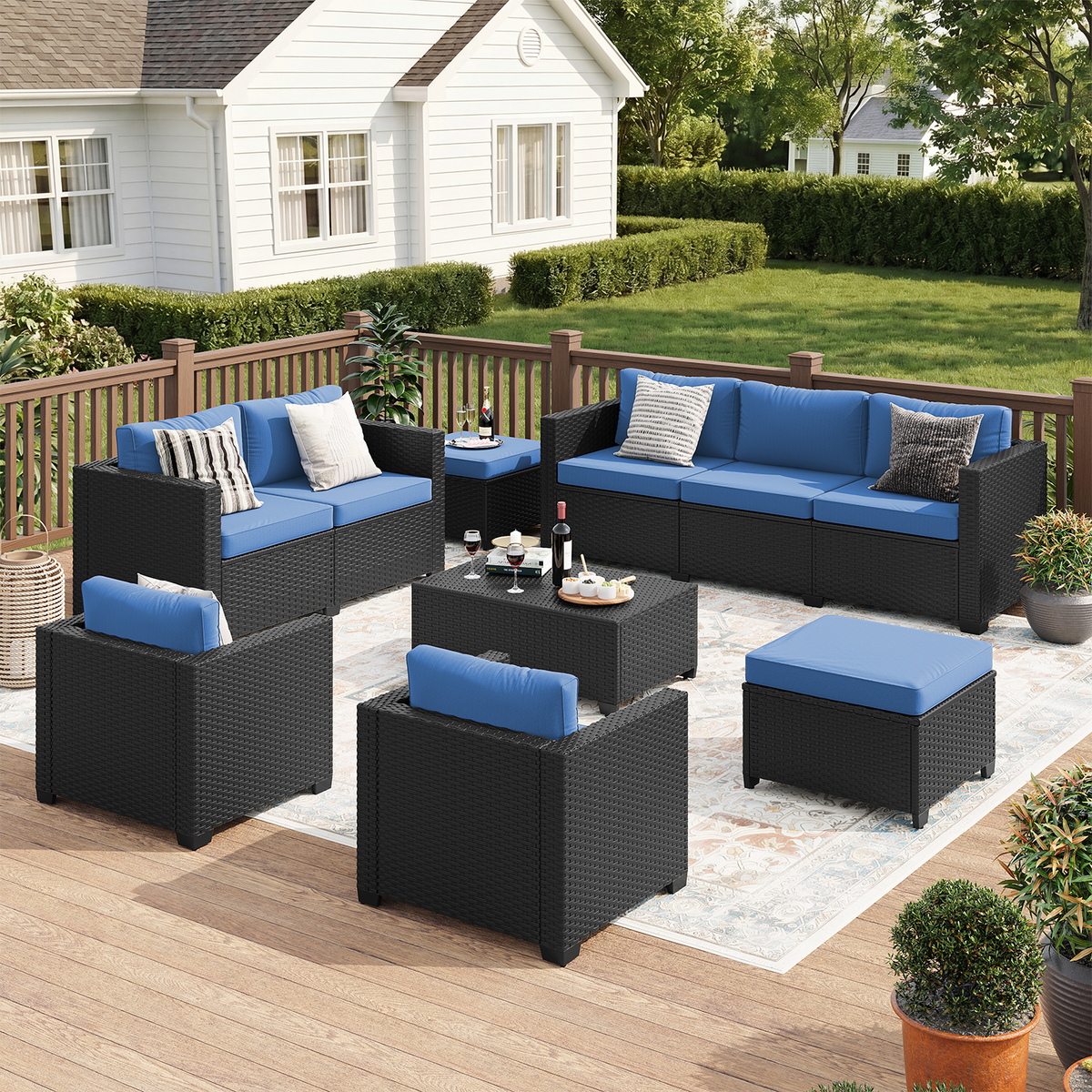 LazySunsets 7 Piece Outdoor Furniture Set, Rattan Wicker Outdoor Conversation Set Patio Furniture, Navy Blue/Black