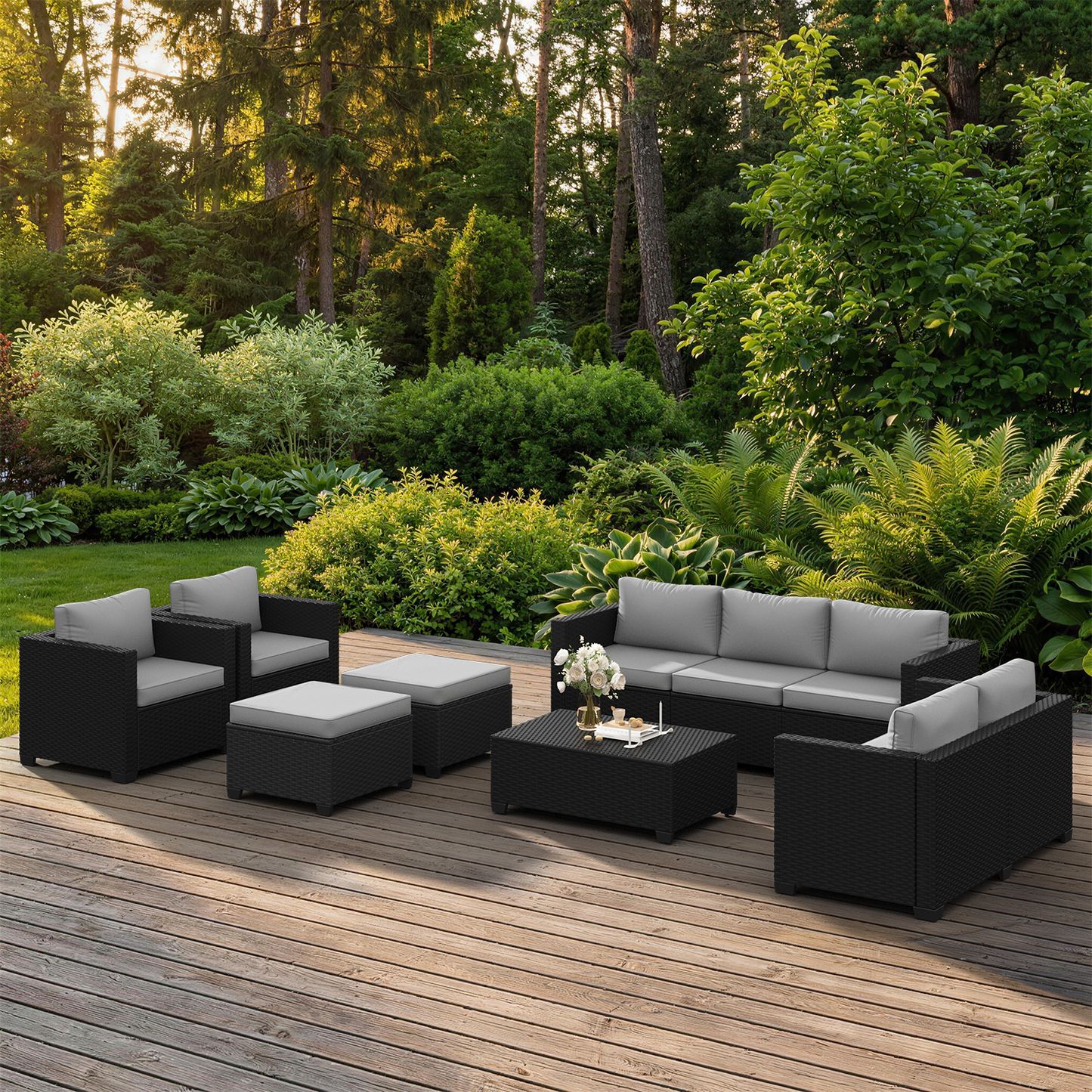 Sunmthink 10 Piece Patio Furniture Set, Rattan Wicker Patio Conversation Set Outdoor Furniture, Light Gray