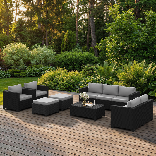 Sunmthink 10 Piece Patio Furniture Set, Rattan Wicker Patio Conversation Set Outdoor Furniture, Light Gray