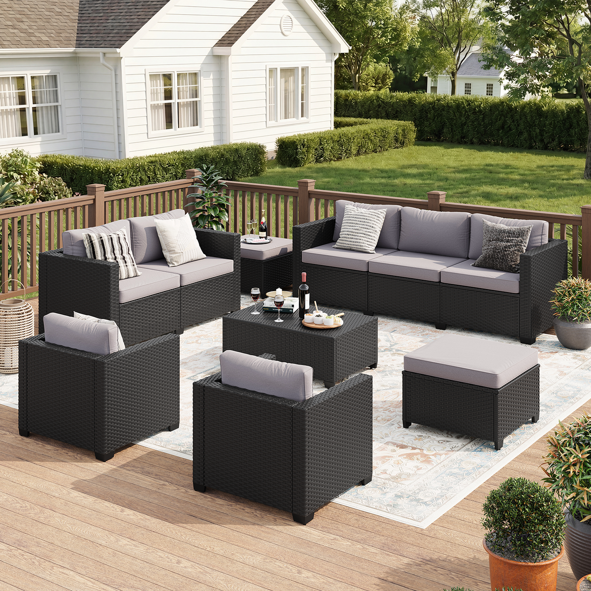 LazySunsets 7 Piece Outdoor Furniture Set, Rattan Wicker Outdoor Conversation Set Patio Furniture, Light Gray/Black
