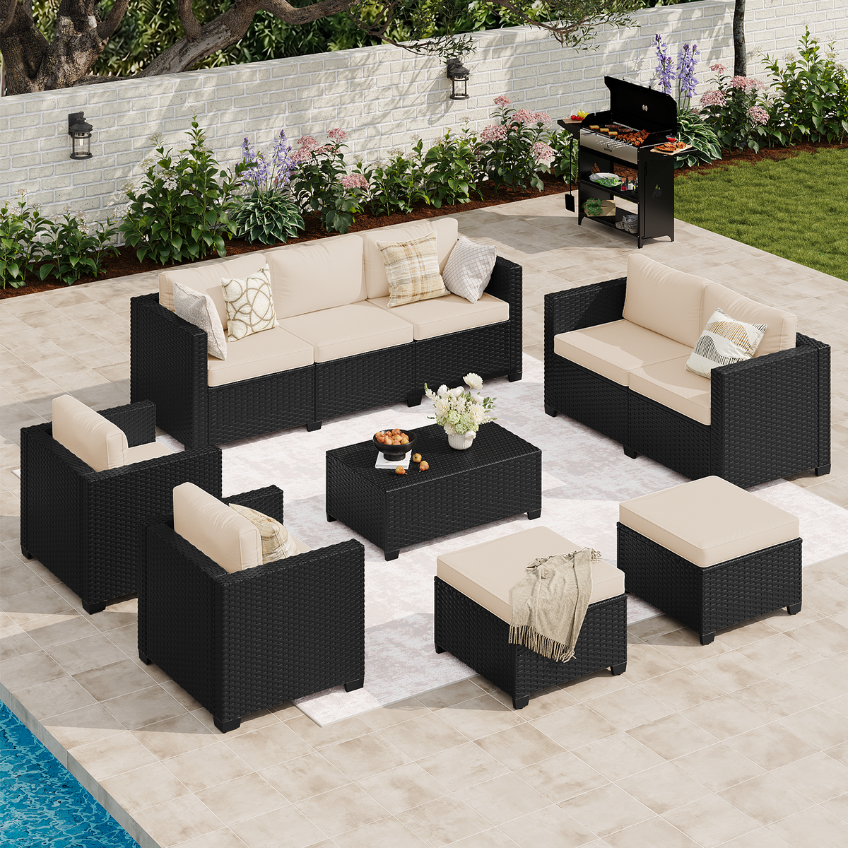 LazySunsets 7 Piece Outdoor Furniture Set, Rattan Wicker Outdoor Conversation Set Patio Furniture, Beige/Black