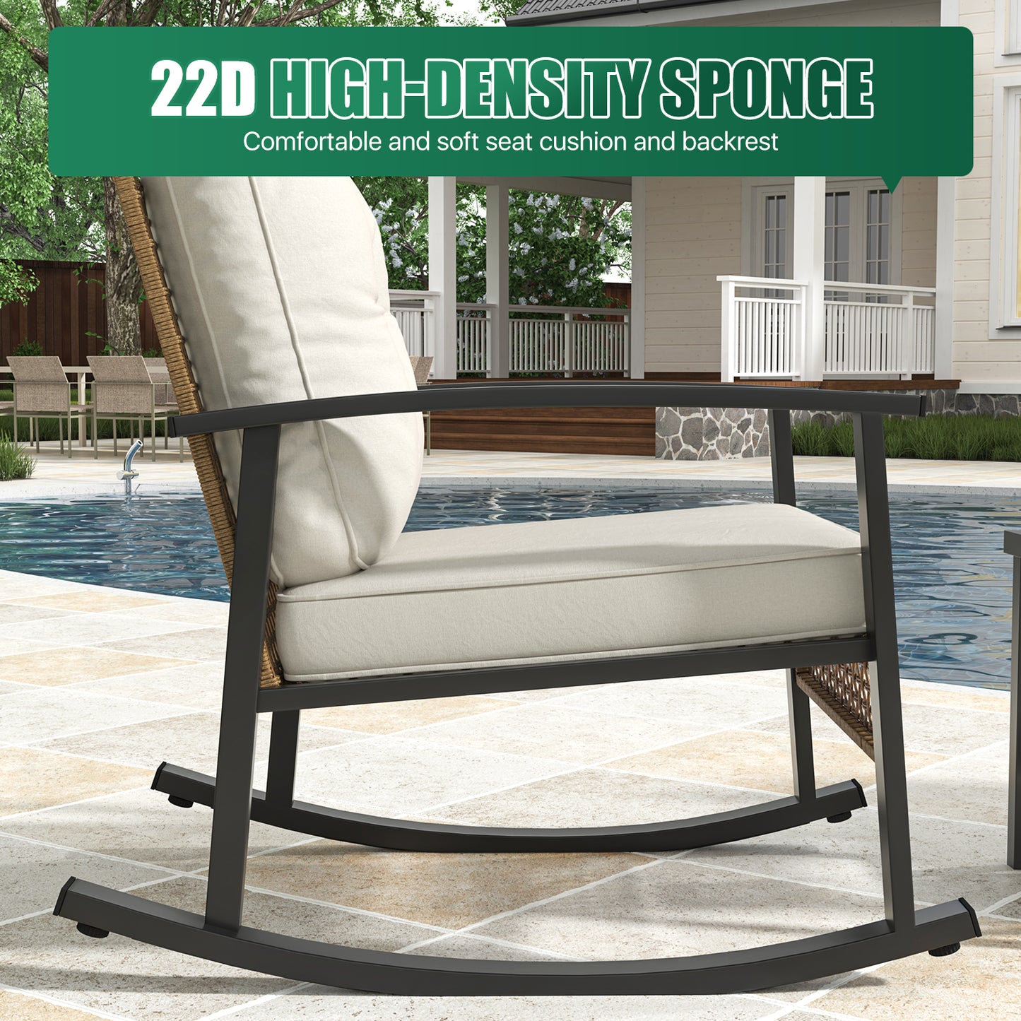 Clouddwell 3-Piece Patio Furniture Set,Steel Rocking Chair with Comfortable Cushions and Coffee Table.for Garden,Yard off-White