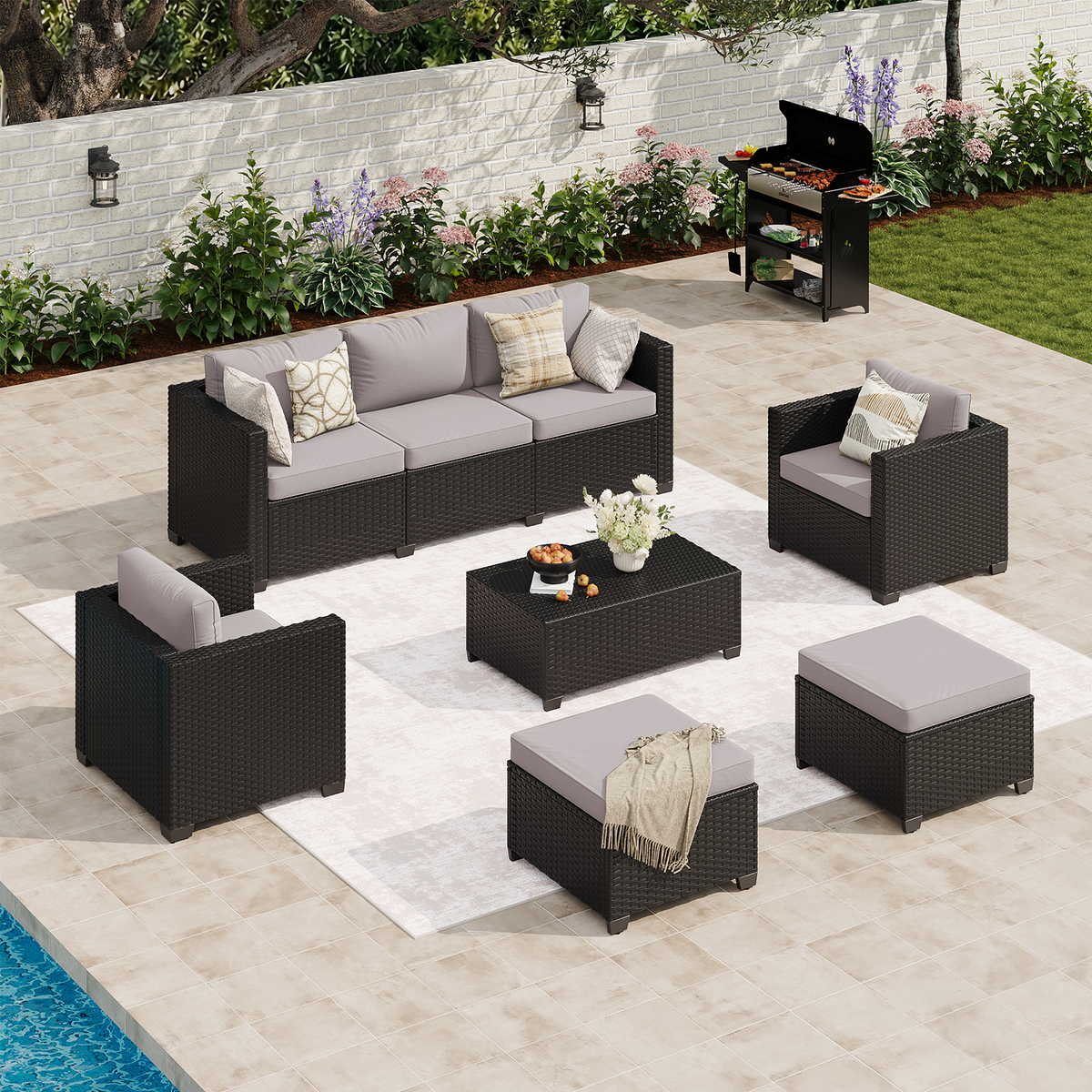 LazySunsets 6 Piece Outdoor Furniture Set, Rattan Wicker Outdoor Conversation Set Patio Furniture, Light Gray/Black