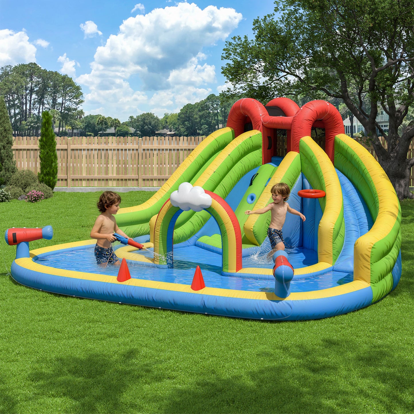 Clouddwell Inflatable Water Slide for Kids with 450W Blower, 6 in 1 Water Park Bounce House for Outdoor Summer Fun, Double Slide, 13x15FT
