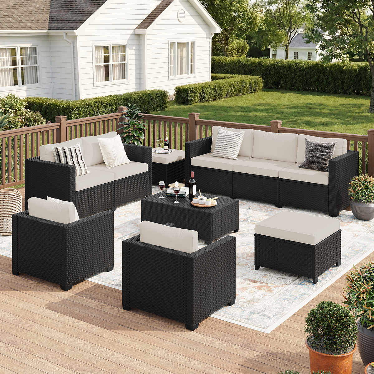 LazySunsets 7 Piece Outdoor Furniture Set, Rattan Wicker Outdoor Conversation Set Patio Furniture, Beige/Black