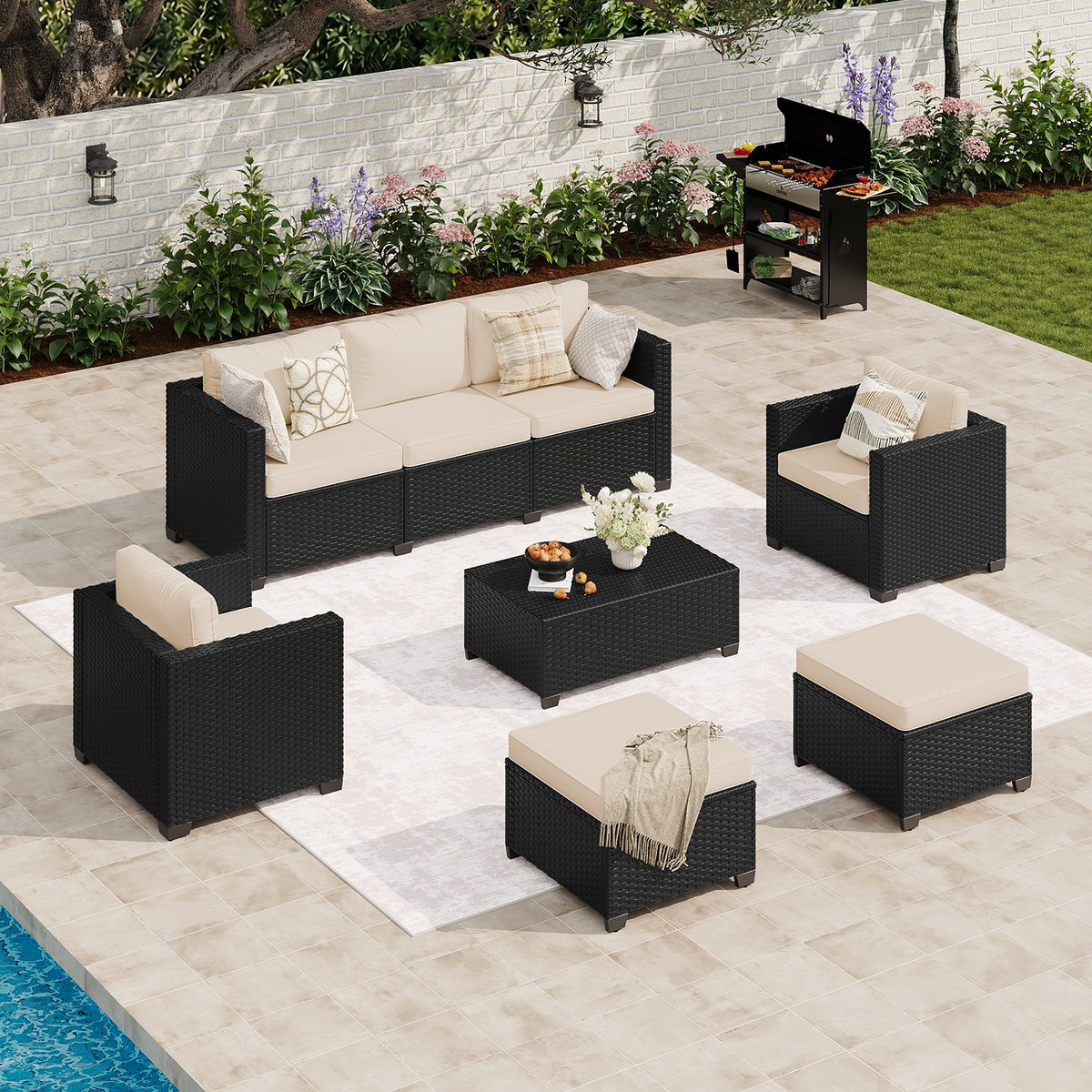 LazySunsets 6 Piece Outdoor Furniture Set, Rattan Wicker Outdoor Conversation Set Patio Furniture, Beige/Black