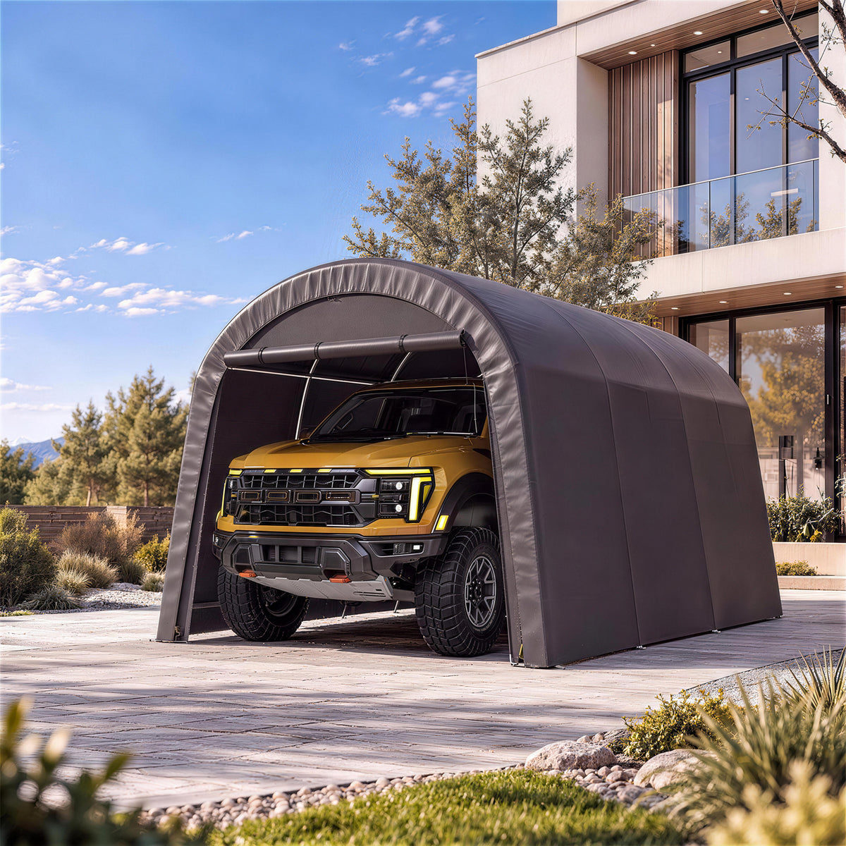Dateyes 10x20 FT Carport Round Top Shelter, Carport Canopy with Roll-up Doors, Portable Garage Portable Carport with Waterproof UV PE Cover, Car Canopy for Car, Truck, SUV, Boat, Dark Gray