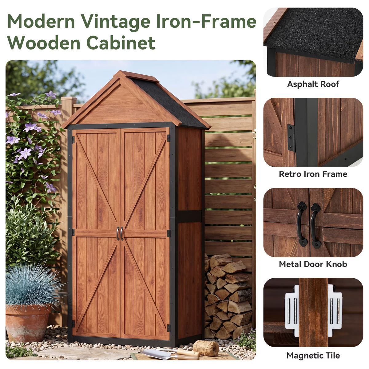 Sumnthink Wooden Garden Shed, Outdoor Storage Shed with Asphalt Roof, 3 Half Shelves, Solid Wood & Metal Frame for Garden Tools, Pool Supplies & Patio Storage