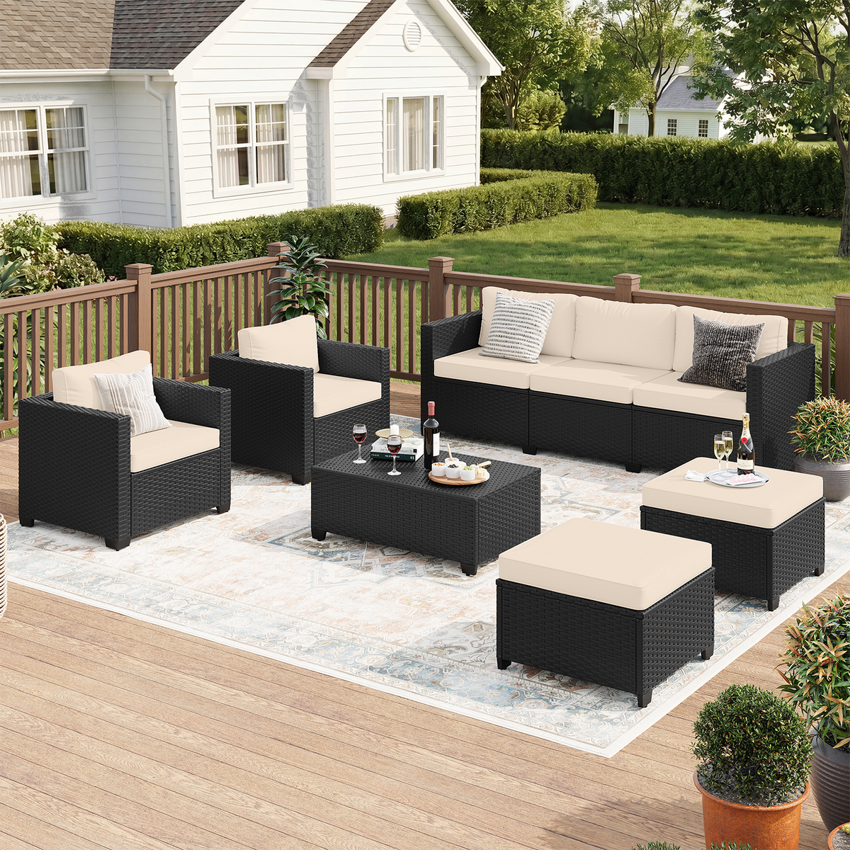 LazySunsets 6 Piece Outdoor Furniture Set, Rattan Wicker Outdoor Conversation Set Patio Furniture, Beige/Black