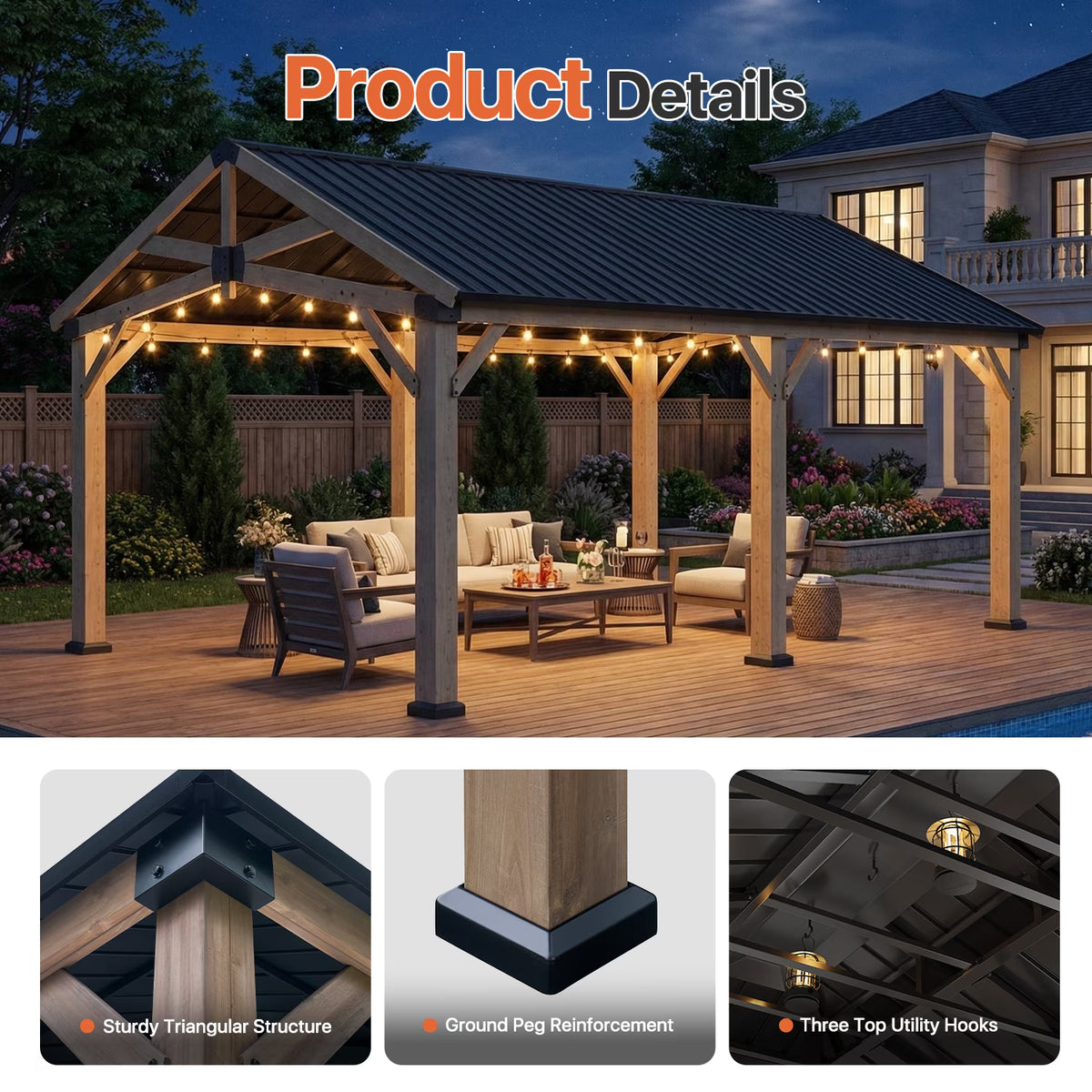 Sunmthink 12' x 20' Cedar Wood Gazebo, Hardtop Gazebo with Galvanized Steel Gable Roof, Permanent Wooden Pavilion for Patio Backyard Lawn Garden