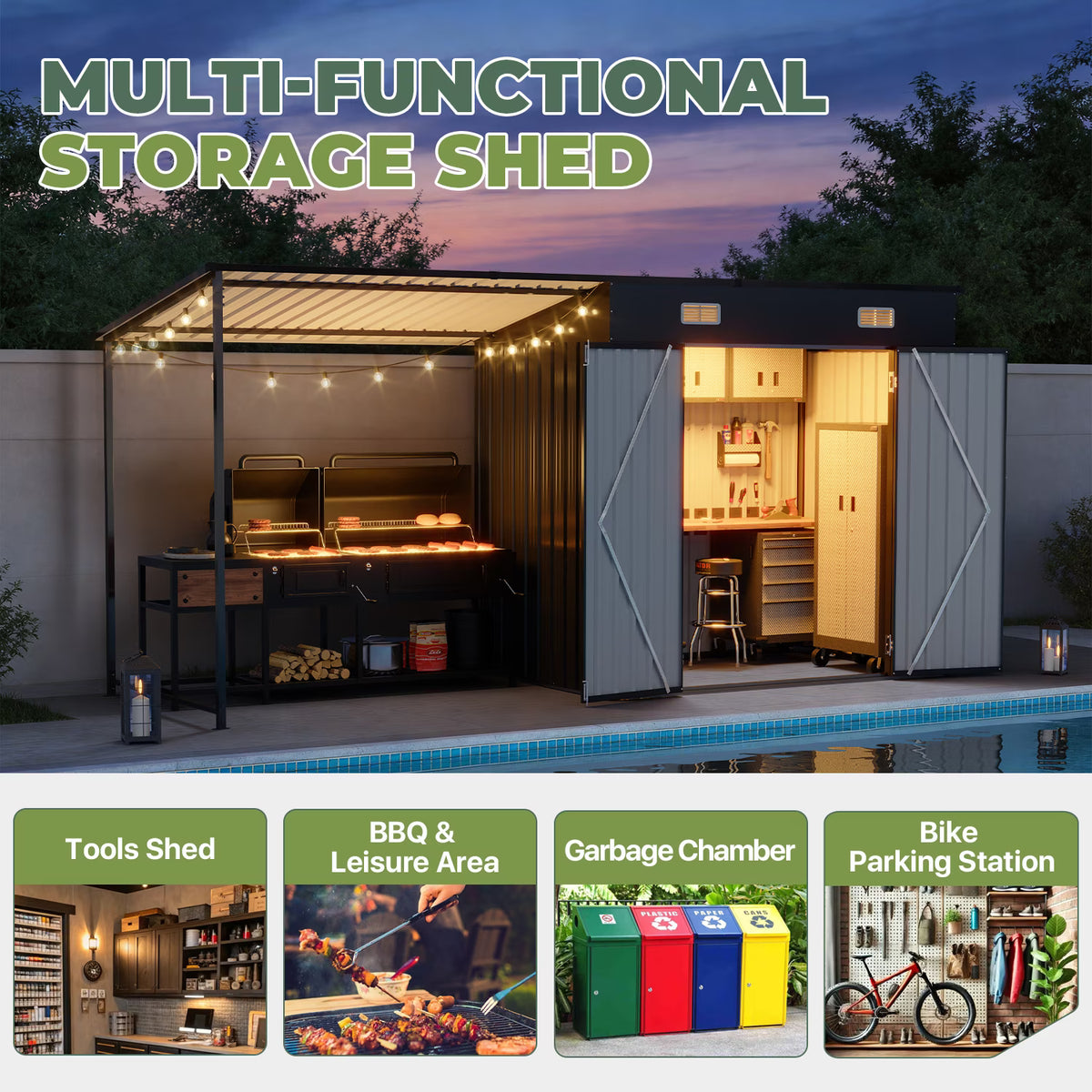 Dateyes Open-Sided Storage Shed with Hardtop Pergola, 6x4 FT Shed and Outdoor Storage with 48 Sq.ft Covered, 2-in-1 Metal Shed, Black