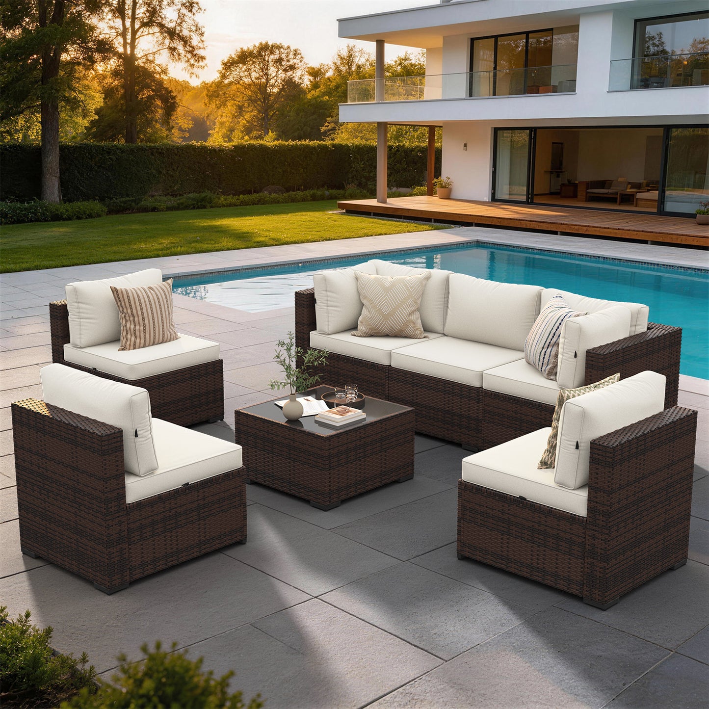 Clouddwell 7 Piece Outdoor Patio Furniture Set, Wicker Rattan Patio Sectional Sofa Sets, Beige