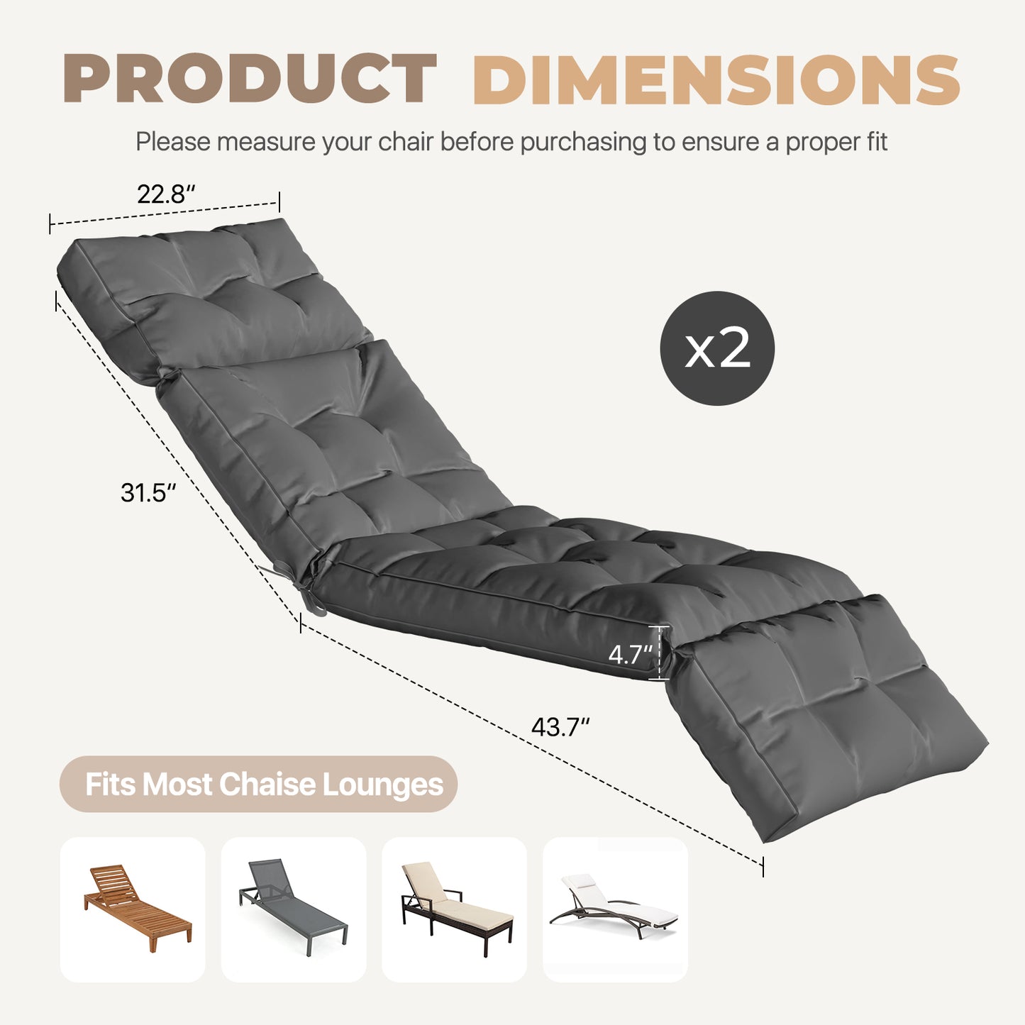 Clouddwell Gray 2 Pack 4-Segment Chaise Lounge Cushions, All Weather Patio Pads with Tie Fasteners & Soft PP Cotton for Poolside Patio Balcony