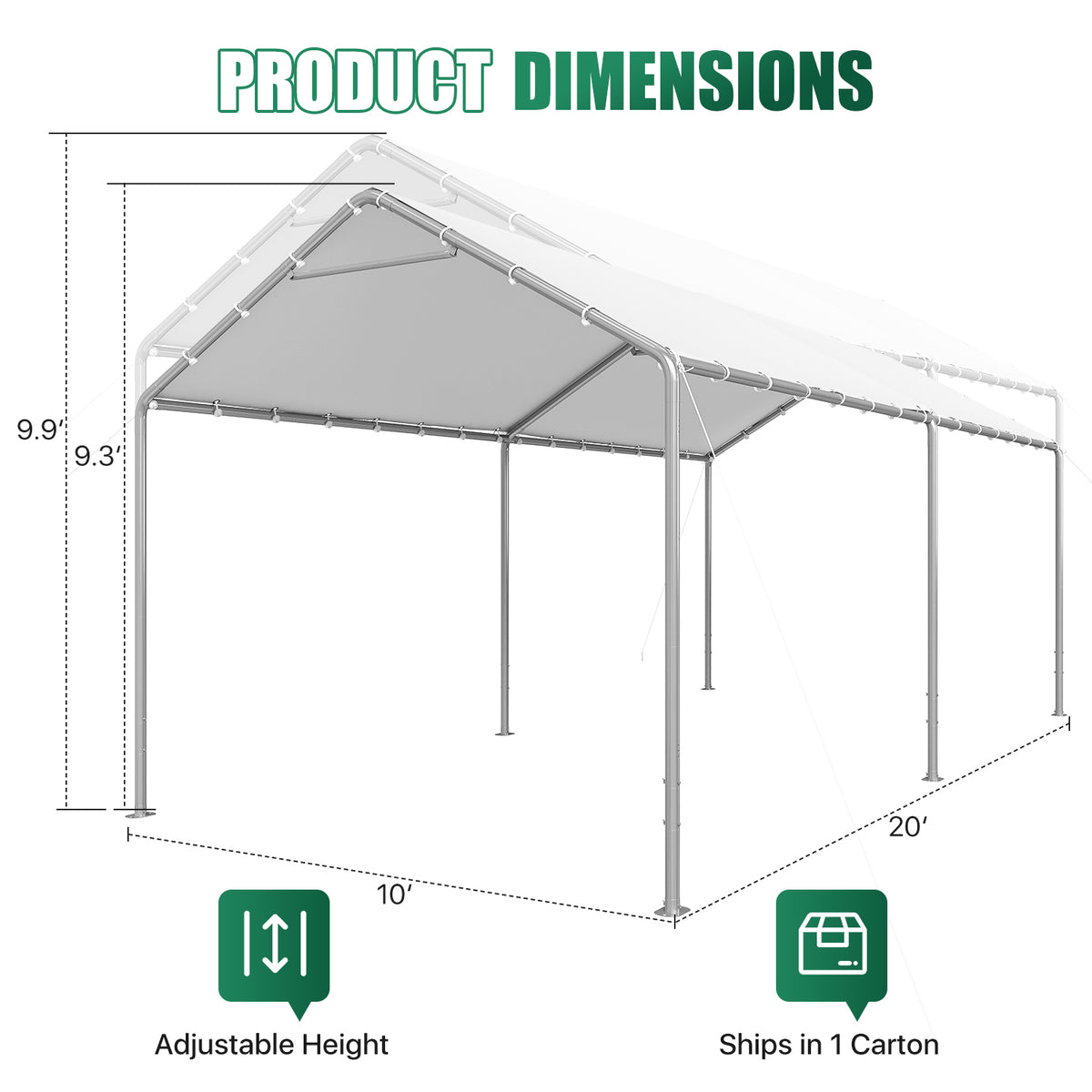 Dateyes 10x20 FT Carport, Heavy Duty Carport Canopy with Adjustable Height, Outdoor Carport Shelter with Reinforced Frame, Portable Garage for Cars, Boats and Trucks, White