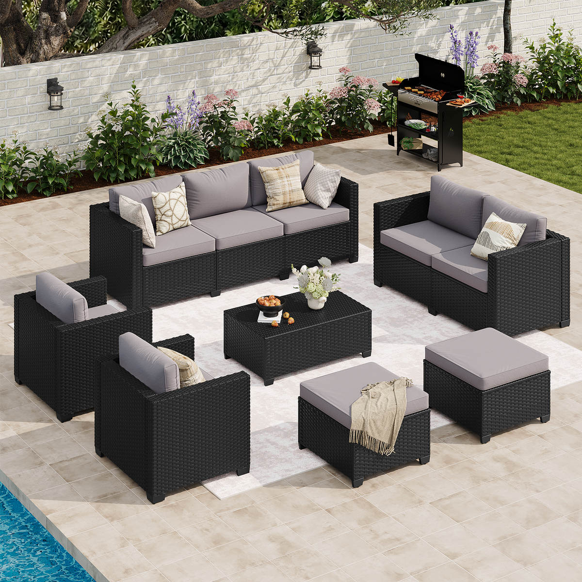 LazySunsets 7 Piece Outdoor Furniture Set, Rattan Wicker Outdoor Conversation Set Patio Furniture, Light Gray/Black