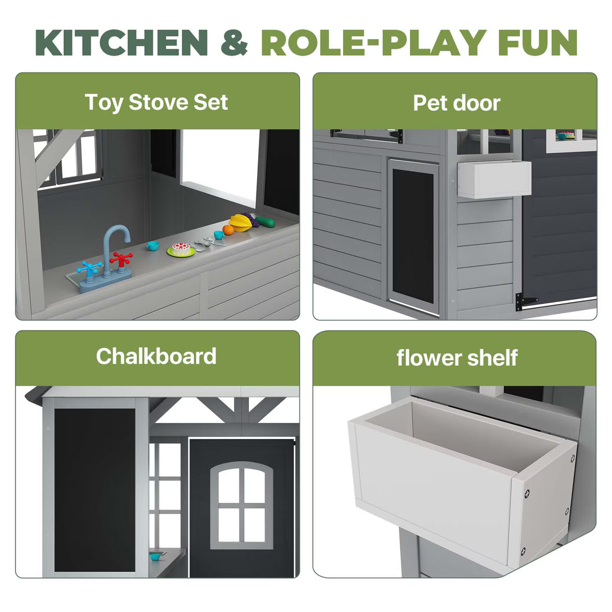 Dateyes Wooden Toddler Playhouse 3x4FT Grey Gable House with Chimney, Pretend Kitchen Accessories, Blackboard and Bar Counter for Outdoor Backyard Play